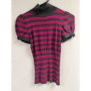 Express Womens Puff Sleeve Gray Pink Stripe Knit Rayon Blend Mock Neck sweater T